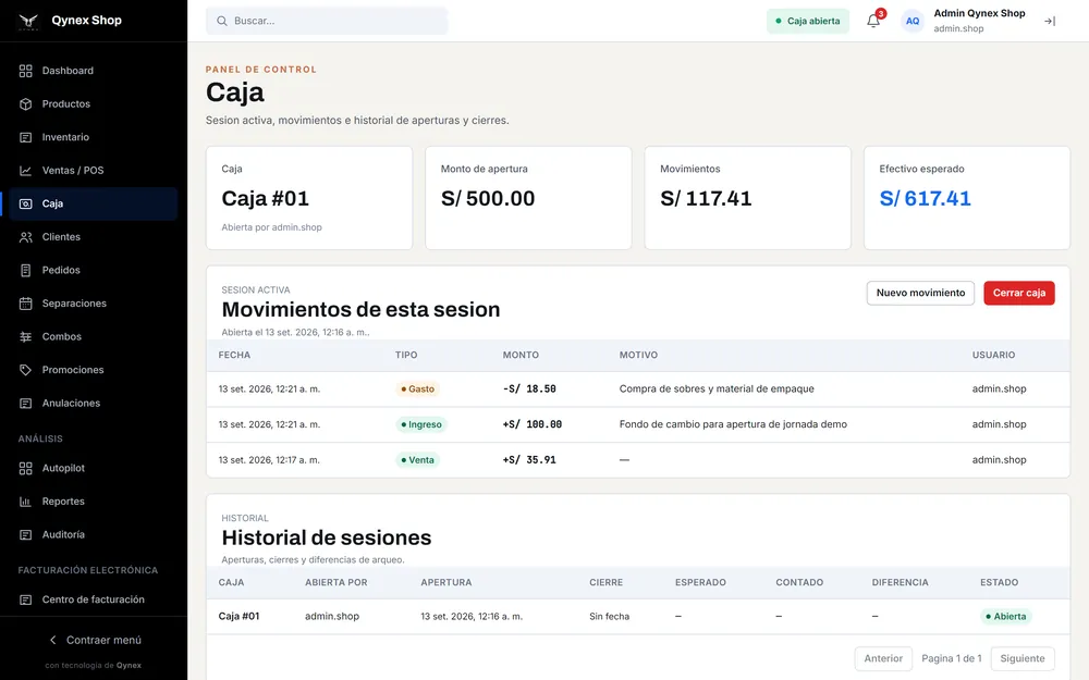Caja abierta con monto de apertura, movimientos, efectivo esperado e historial de arqueos