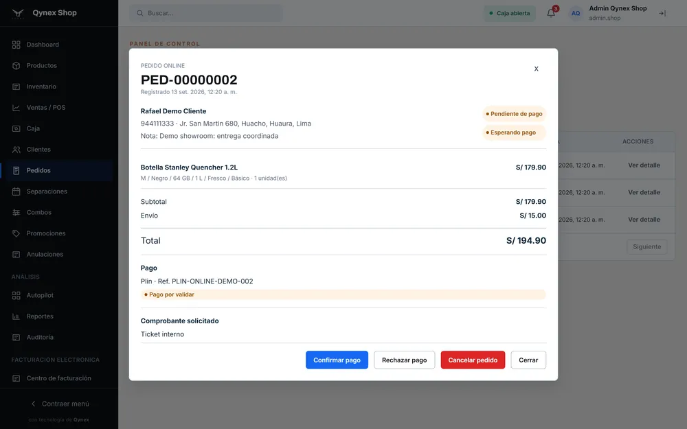 Detalle de un pedido online con cliente, producto, envío, pago por Plin y comprobante solicitado