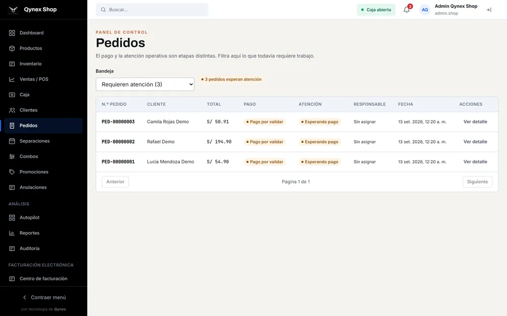 Bandeja de pedidos online que requieren atención, con estado de pago y atención