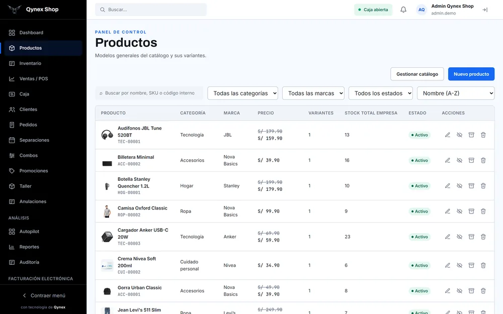 Catálogo de productos con categoría, marca, precio, variantes, stock y estado