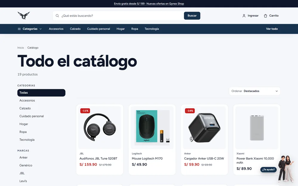 Catálogo online con buscador, categorías, marcas y productos con descuento