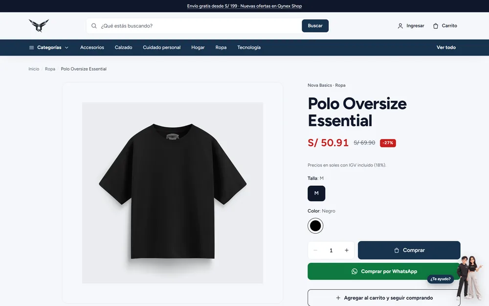 Ficha de producto en la tienda online con talla y color